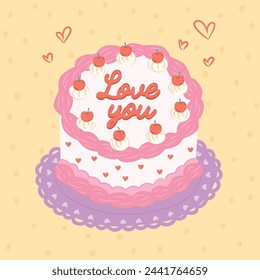 Cute love cake for birthday, celebration, party greeting card 