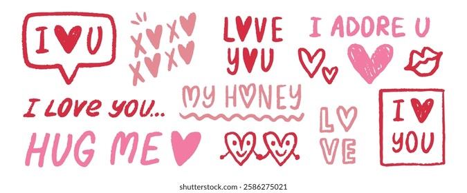 Cute love calligraphy i love you phrases doodle hand drawn red and pink crayon set. Vector modern romantic valentines lettering. Childish style pencil valentines day typography love and hearts. Vector