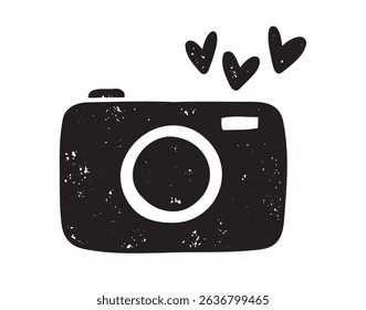 cute love camera with hearts textured grunge retro silhouette icon doodle hand drawn. clipart symbol. Vector illustration