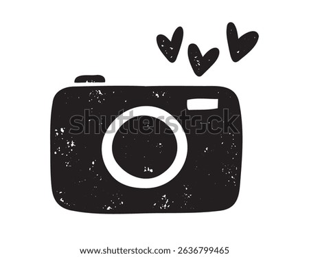 cute love camera with hearts textured grunge retro silhouette icon doodle hand drawn. clipart symbol. Vector illustration