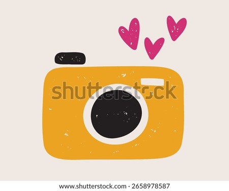 cute love camera with hearts textured grunge retro silhouette icon doodle hand drawn. colorful clipart symbol. Vector illustration