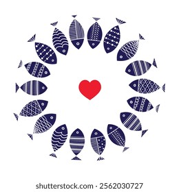 Cute love card. Around motif with fishes. interior poster