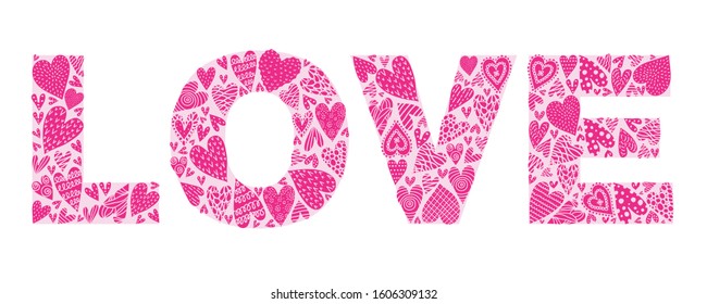Cute LOVE card as letters decorated with hand drawn hearts.