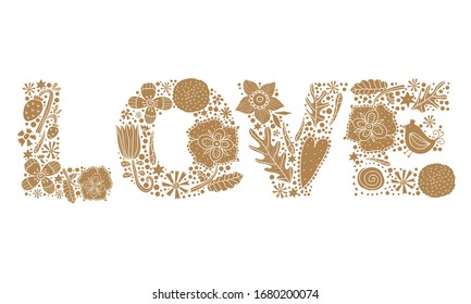 Cute LOVE card as letters decorated with hand drawn flowers.