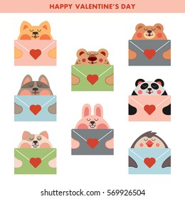 Cute love cards with kawaii animals: cat, dog, hamster, rabbit, bear, leopard, penguin, panda. Cards collection: cartoon baby animals with envelopes in hands. Vector illustration.