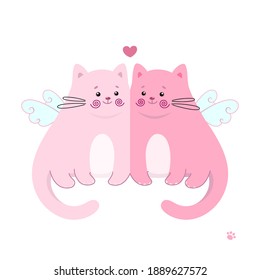 Cute in love cat angels. Vector illustration. A couple of funny kittens with wings useful for greeting Valentines themed card and invitation, prints for apparel, designs, and many other applications.