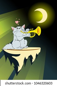 A cute in love cat plays on a trumpet in the moonlight. Spring greeting card.