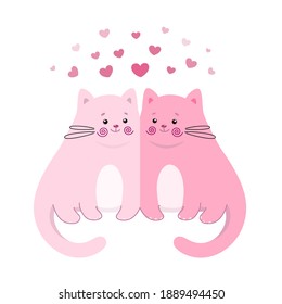 Cute in love cats. Vector illustration. A couple of funny kittens with hearts useful for greeting Valentines themed card and invitation, prints for apparel, designs, and many other applications.