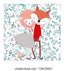 Cute love character animal fox wolf man and sheep lamp girl doodle comic cartoon art pattern vector,illustration leave flower floral seamless,for invitation card background blue green pastel color