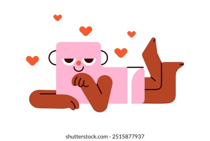 Cute love character. Funny playful geometric shape with happy smiling face, romantic flirting relaxed mood, hearts. Humor seductive figure. Flat vector illustration isolated on white background