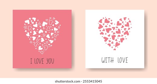 Cute Love concept Cards set. Heart shape from different hearts confetti. Pink Heart Frame. Template for Valentines Day Design. Simple Hand drawn Backgrounds