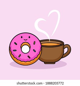 Cute love of couple donut and coffee in Valentine's Day 