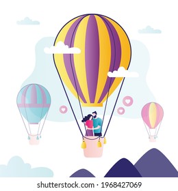 Cute love couple flying in large hot air balloon. Happy family have  travel adventure. Happy people celebrate anniversary. Just married. Young adults fly over mountains. Trendy vector illustration