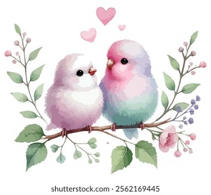 Cute love couple of parrots sitting on a branch with flowers. Watercolor hand drawn painting in pastel colors. Vector illustration isolated on white background. Valentines day design.