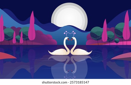 Cute Love Couple of Swan Swimming on Water at Full Moon Night for Happy Valentine's Day Celebration.