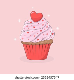 Cupcake de amor bonito com creme de morango, coração grande em cima, e pequenos corações polvilha nele, Dia dos Namorados Ilustração Vetor.