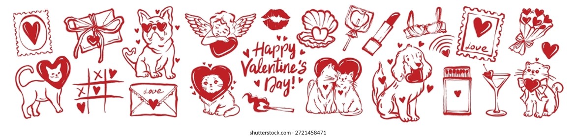 Conjunto de doodle de amor lindo, ilustración caprichosa de la boda de la despedida de soltera dibujada a mano, pegatinas del día de San Valentín. Gatito de dibujos animados con corazón, perro encantador, gráfico de boceto romántico. Icono de doodle de amor de vacaciones de febrero