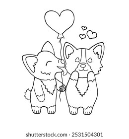 Cute сorgis in love. Doodle vector illustration for kids coloring page. 