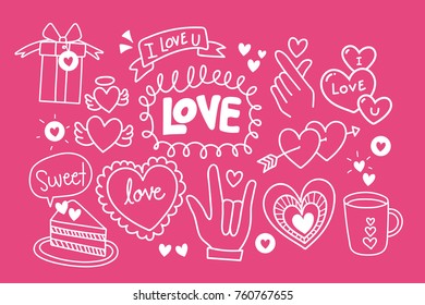 Cute love doodle vector in pink background for Valentine's Day greeting card.