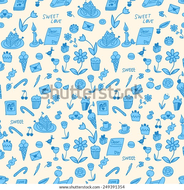 Cute\
love doodles. Seamless pattern. Funny blue\
wedding.
