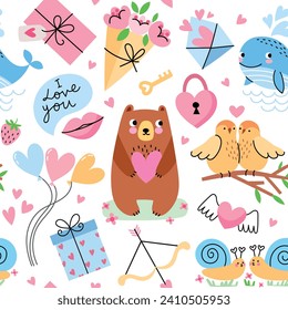 Cute love elements seamless pattern. Valentine day repeated symbols and objects, happy funny animals characters with hearts, vector print.eps
