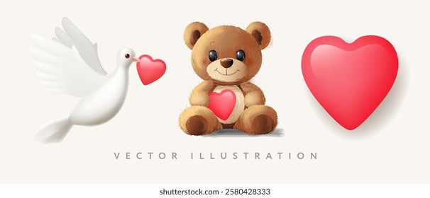 Cute love elements set for Valentines Day heart, teddy bear, pigeon love mail, vector illustration