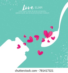 Cute Love elixir. Chemistry of love. Pink Hearts. Test tube with love fluid. Spoon. Romantic card for Happy Valentines Day. Chemical reaction. 14 February. Blue sky background.