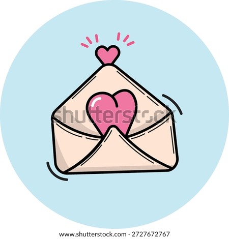 Cute Love Envelope Icon with Heart in Blue Circle Flat Vector. Flat vector illustration of a playful open envelope with a heart popping out on a pastel blue circular background. Cute romantic message icon perfect for Valentine, dating apps, messaging UI, wedding and love-themed design projects.