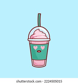 cute love eyes strawberry smoothies milkshake juice with ice cream topping illustration vector cartoon character