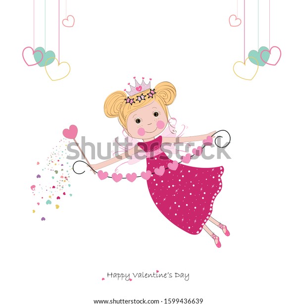 Cute love fairy tale\
holding hanging pink hearts and magic wand. Happy Valentine\'s Day\
greeting card