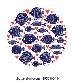 Cute  love fish card. Around motif with fish.