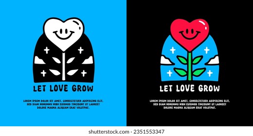 Cute love flowers with let love grow typography, illustration for logo, t-shirt, sticker, or apparel merchandise. With doodle, retro, groovy, and cartoon style.