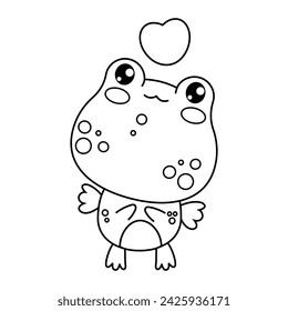 Cute in love frog with heart. Funny outline animal kawaii character. Vector illustration. Line drawing, coloring book. Kids collection