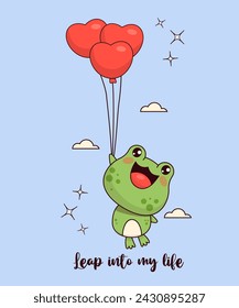 Cute in love frog with hearts balloons. Funny romantic animal kawaii character. Vector illustration. Cool card with funny slogan