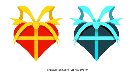 Cute love gift. Heart shaped box tied with bow and ribbons. Gift for Christmas, birthdays, and Valentine Day. Vector illustration isolated on white background.