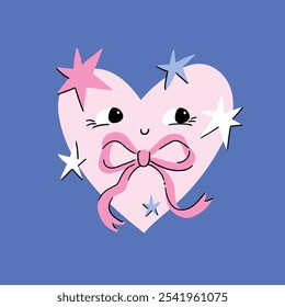 Cute love greeting card. Vector illustration for Valentines day. Preppy pink heart in cartoon style on blue background. 