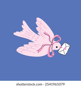 Cute love greeting card. Vector illustration for Valentines day. Preppy pink bird with love letter in cartoon style. Funny animal print design or nursery poster. 