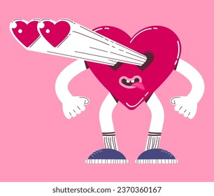Cute love heart character. Vector illustration of a heart mascot in retro cartoon style. Concept for Valentine's Day.