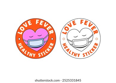 cute love or heart is having fever and wearing mask cartoon colorful doodle badge logo vector illustration design set for medical, pharmaceutical and healthcare