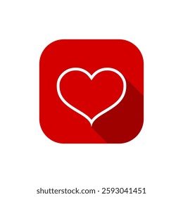 Cute love, heart outline icon with long shadow. Romance, romantic sign symbol on red square