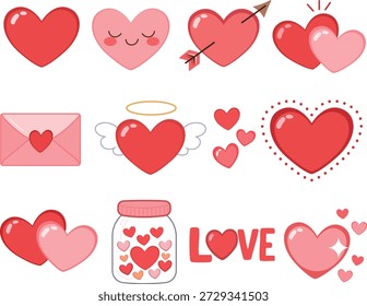 Cute love and heart vector illustration set featuring cartoon hearts, angel heart, arrow heart, love envelope, heart jar, and hand-drawn love icons. Flat and colorful design. Fully editable layered vector file, perfect for Valentine’s Day designs, greeting cards, stickers, social media posts, prints, and romantic branding.