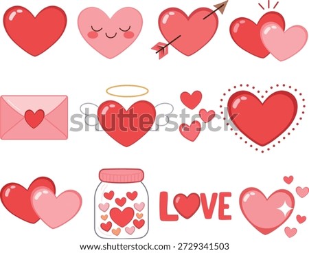 Cute love and heart vector illustration set featuring cartoon hearts, angel heart, arrow heart, love envelope, heart jar, and hand-drawn love icons. Flat and colorful design. Fully editable layered vector file, perfect for Valentine’s Day designs, greeting cards, stickers, social media posts, prints, and romantic branding.