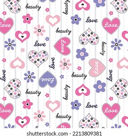 Cute love hearts beautiful daisies and flowers pattern design