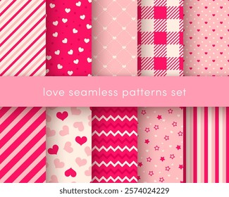 Cute love hearts seamless patterns set. Vector pink, red and white heart and geometric print. Valentines Day backdrop simple textures for decoration, design, background, wallpaper, fabric, textile.