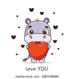 Cute love A hippo in love holds a red heart. Postcard in cartoon kawaii style. Vector for design, banners, children's books and patterns. Vector illustration