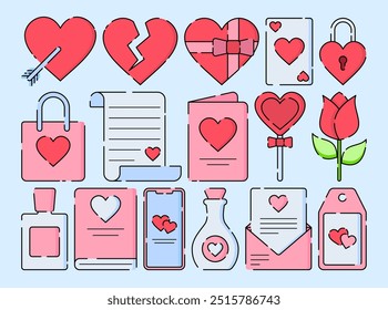 Cute Love icon element set. Cartoon style of love romantic stickers elements with hearts shape.