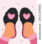 Cute Love Illustration with Feet on Home Slippers at Hearts Pattern