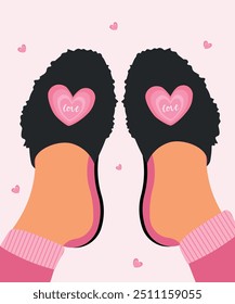 Ilustración linda del amor con los pies en las zapatillas caseras en el patrón de los corazones