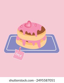 Cute Love Illustration with Pancakes and Pink Vanilla Cream