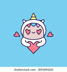 Cute in love kid in unicorn costume. illustration for t shirt, poster, logo, sticker, or apparel merchandise.